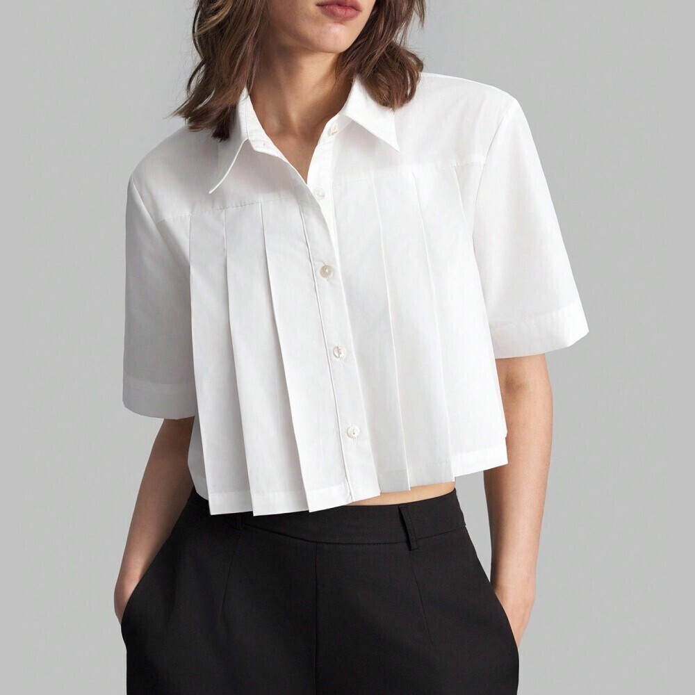 White Pleated Front Cropped Collared Shirt